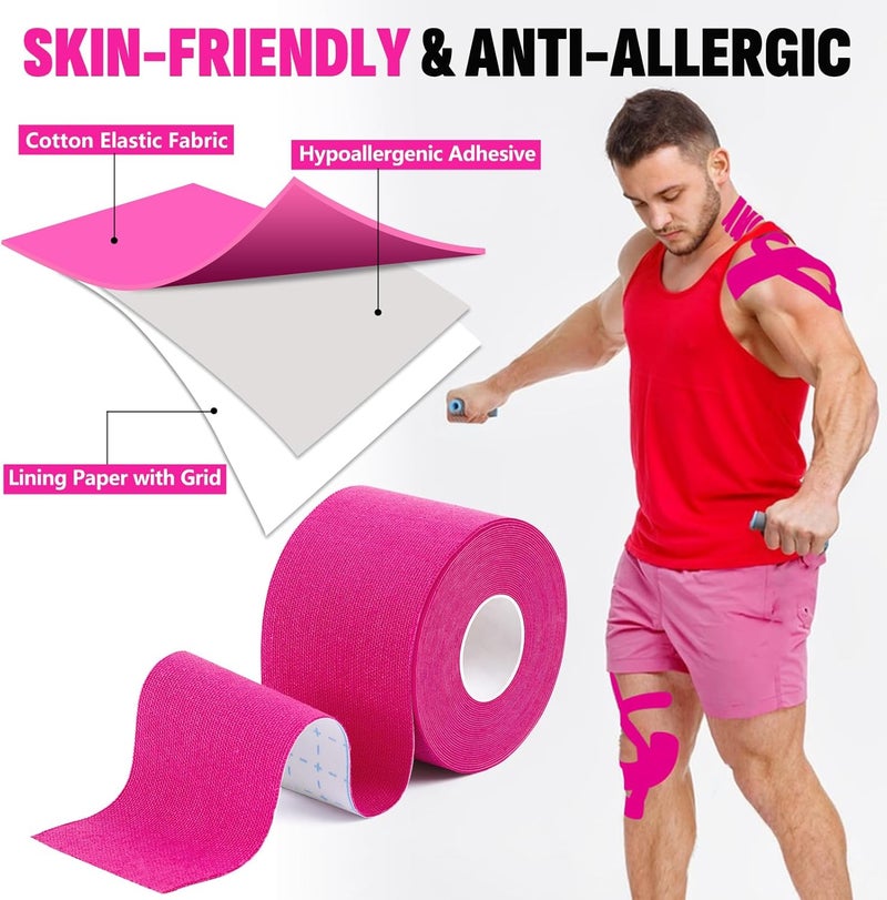 NUITPY 5 Rolls Kinesiology Tape, 2 inch x 16.4 Feet Waterproof Athletic Tape, Uncut Kinetic Tape, Muscle Tape, Sports Tape, Knee Tape for Exercise and Daily Use - Rose Red - Image 3